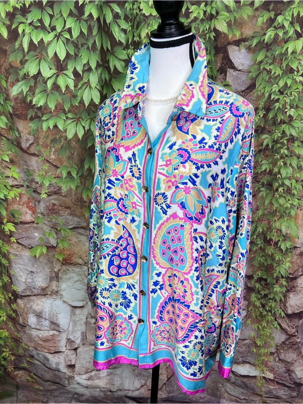 HAUTE HIPPIE STYLE Paisley Resortwear Floral Turquoise Button Front Blouse, 1X - Picture 5 of 14